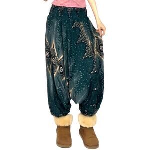 Hippie Boho Peacock Wide Leg Ruched Waist Harem Pants